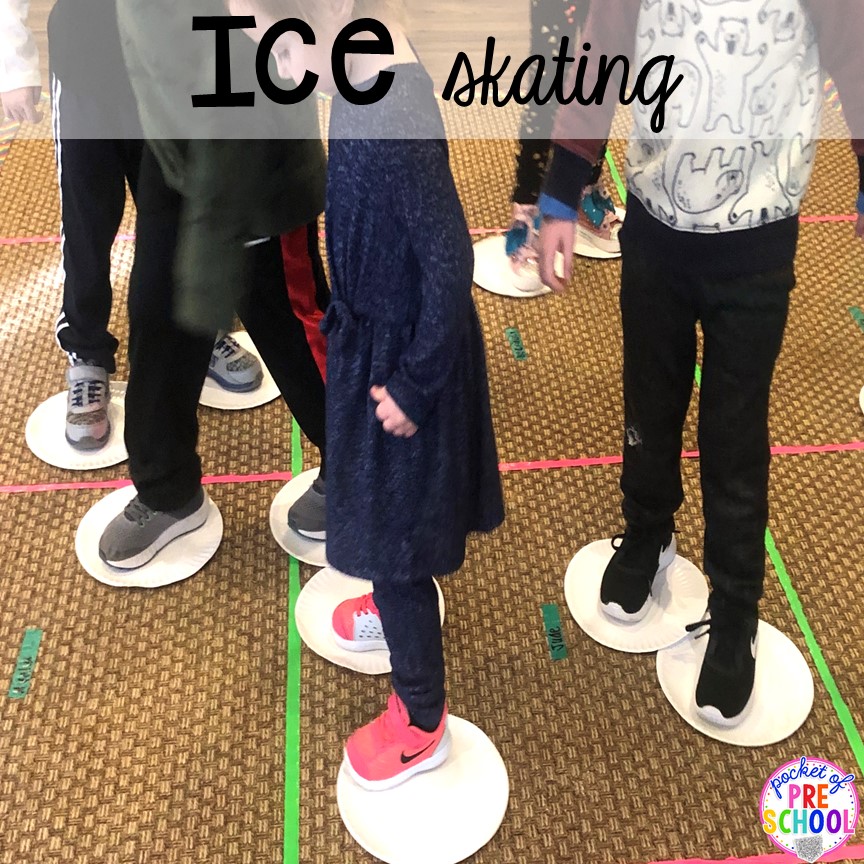 Paper paper ice skating for a fun gross motor activity or winter party activity! Perfect for preschool, pre-k, or lower elementary. #winterparty #preschool #prek #kindergarten #schoolparty