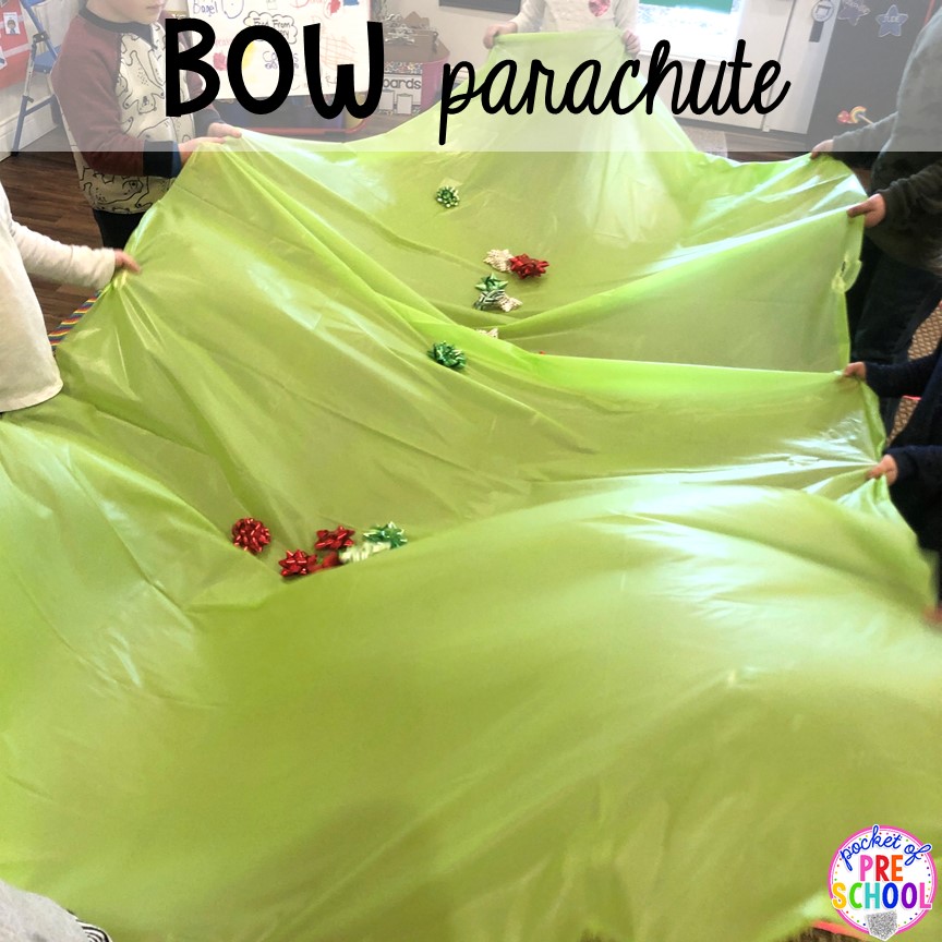 Bow parachute game plus more Christmas classroom party ideas - quick, easy, and dollar store finds! for preschool, pre-k, or lower elementary. #christmasparty #preschool #prek #kindergarten #schoolparty