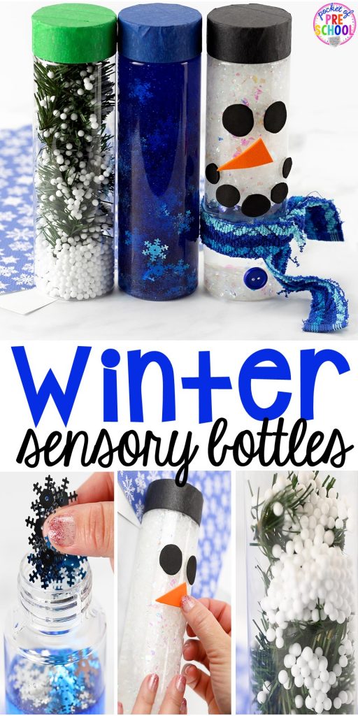 Winter Sensory Bottles to help students calm down, for sensory processing, or fun science exploration. #sensory bottles #preschool #prek #toddler