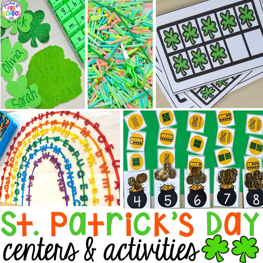 St. Patrick's Day Centers and Activities (math, literacy, writing, sensory, fine motor, art, STEM, blocks, science) and FREE ten frame shamrock cards for preschool, pre-k, and kindergarten.