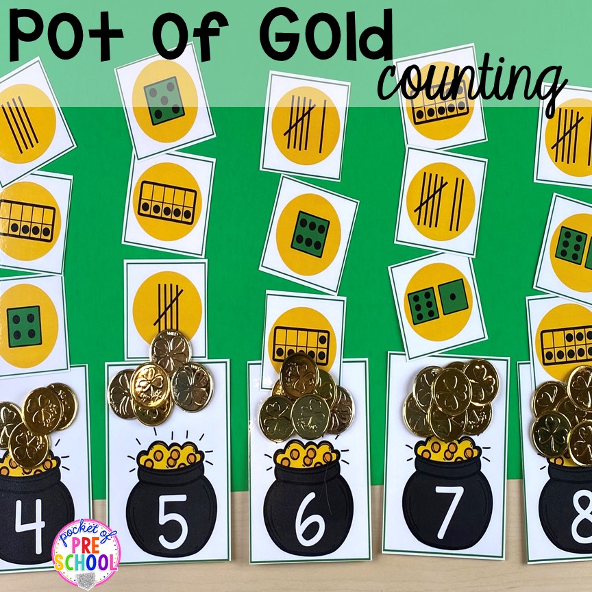 Pot of gold counting game! Plus St. Patrick's Day centers and activities (math, literacy, writing, sensory, fine motor, art, STEM, blocks, science) and FREE ten frame shamrock cards for preschool, pre-k, and kindergarten.
