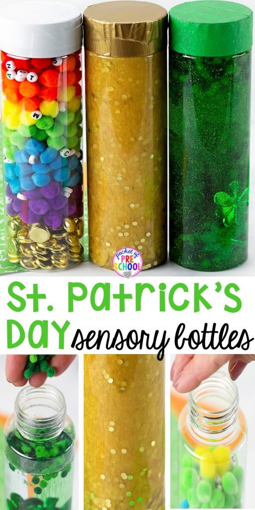 St. Patrick's Day sensory bottles (gold coins, clovers, and rainbow letters) to help students calm down, observe (science), and learn letters. #preschool #prek #toddler #sensorybottles