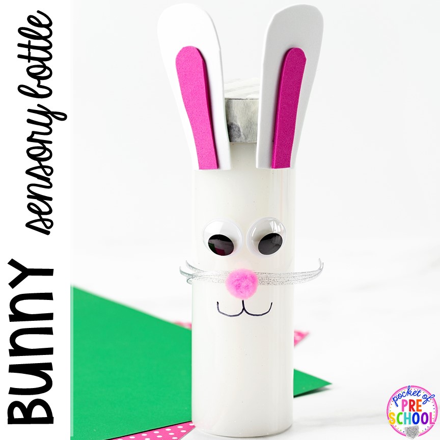 Bunny sensory bottle! PlusEaster sensory bottles for an Easter theme (bunny, carrot, and egg hunt)! #preschool #toddler #prek #sensorybottles #eastertheme