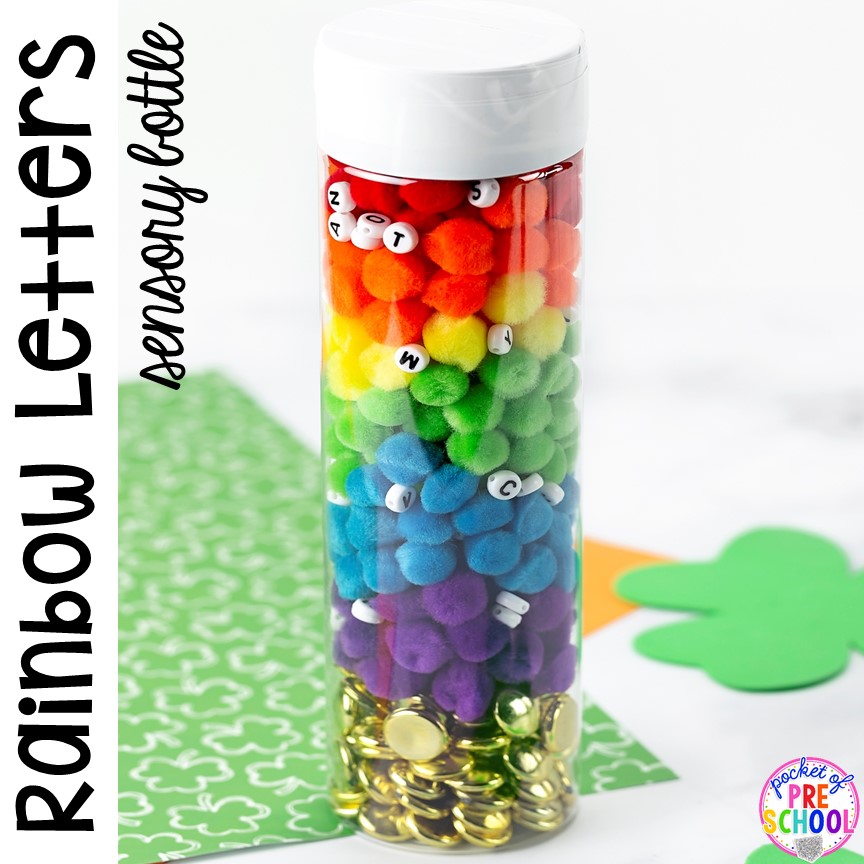 Rainbow letter sensory bottle! St. Patrick's Day sensory bottles (gold coins, clovers, and rainbow letters) to help students calm down, observe (science), and learn letters. #preschool #prek #toddler #sensorybottles