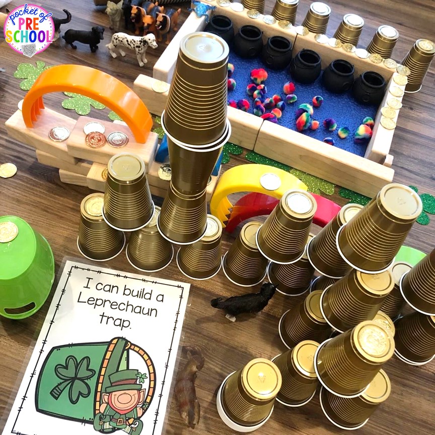 Blocks center leprechaun trap! Plus St. Patrick's Day centers and activities (math, literacy, writing, sensory, fine motor, art, STEM, blocks, science) and FREE ten frame shamrock cards for preschool, pre-k, and kindergarten.