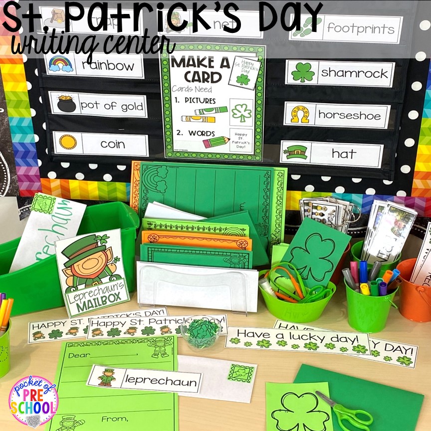 St. Patrick's Day writing center and leprechaun writing station! Plus St. Patrick's Day centers and activities (math, literacy, writing, sensory, fine motor, art, STEM, blocks, science) and FREE ten frame shamrock cards for preschool, pre-k, and kindergarten.