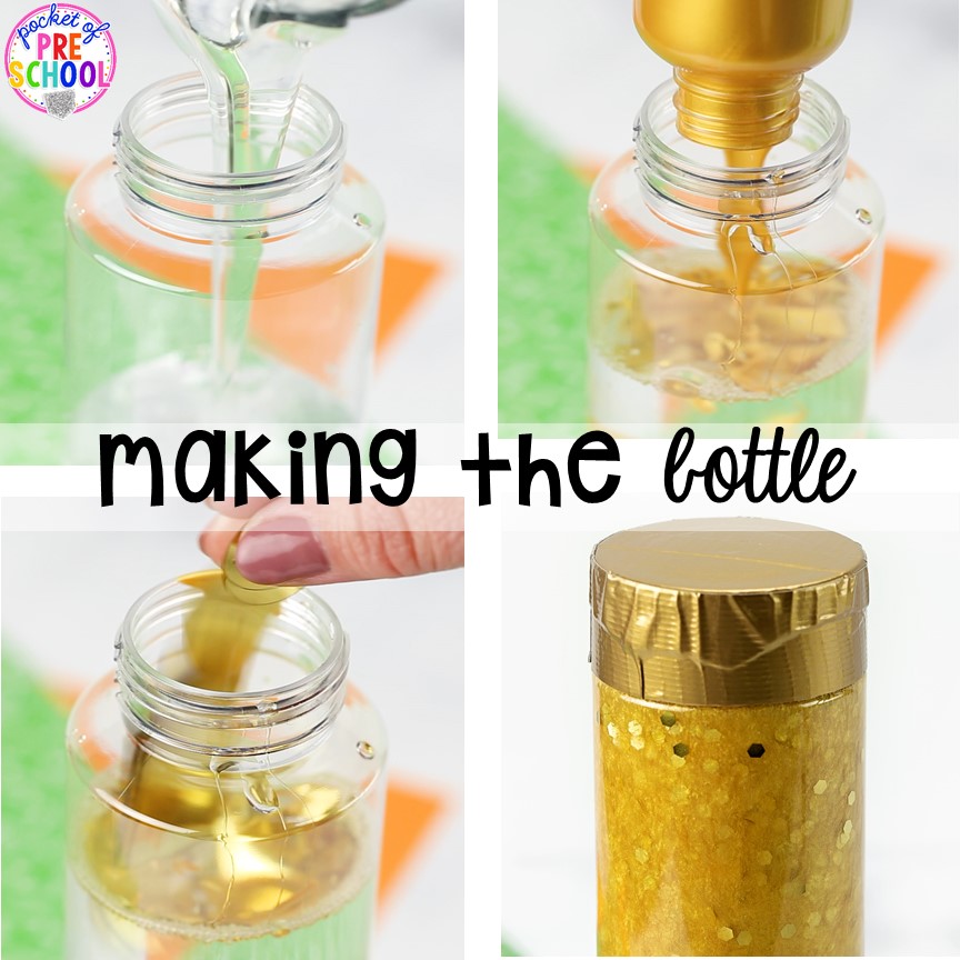 Making a gold coin sensory bottle! St. Patrick's Day sensory bottles (gold coins, clovers, and rainbow letters) to help students calm down, observe (science), and learn letters. #preschool #prek #toddler #sensorybottles