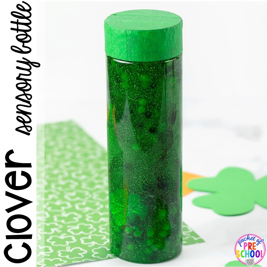 Clover sensory botttle! St. Patrick's Day sensory bottles (gold coins, clovers, and rainbow letters) to help students calm down, observe (science), and learn letters. #preschool #prek #toddler #sensorybottles