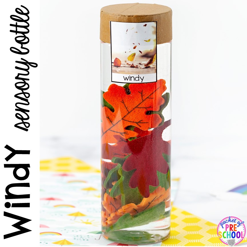 Windy! Weather sensory bottles is af fun way to explore the weather inside and FREE weather photo labels. #weathertheme #preschool #prek #toddler #sensorybottles