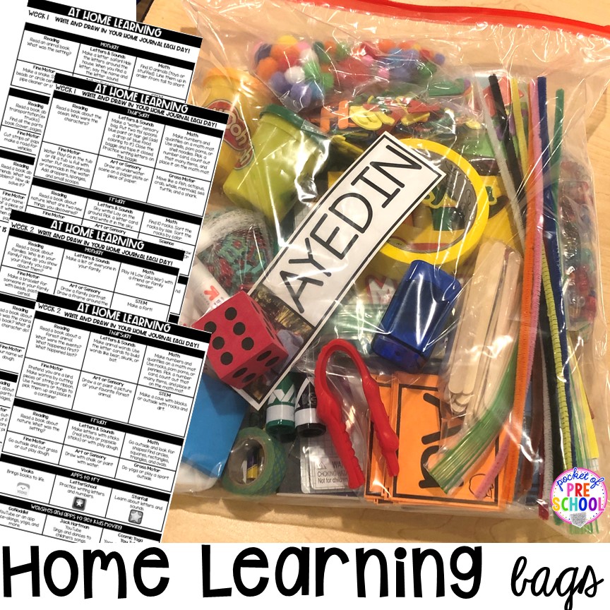 How to make Take home learning bags to keep students learning through PLAY at home. Made for preschool, pre-k, and kindergarten. #preschool #prek 