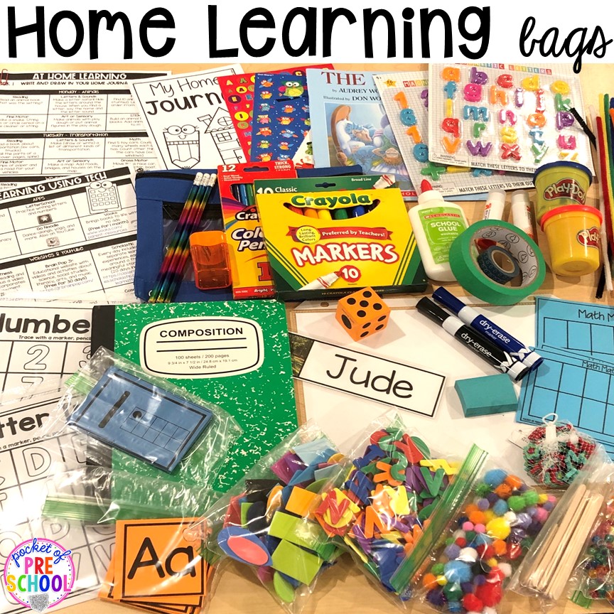 Take home learning bags to keep students learning through PLAY at home. Made for preschool, pre-k, and kindergarten. #preschool #prek 