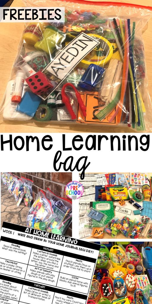 FREElearning boards and how to make Take home learning bags to keep students learning through PLAY at home. Made for preschool, pre-k, and kindergarten. 