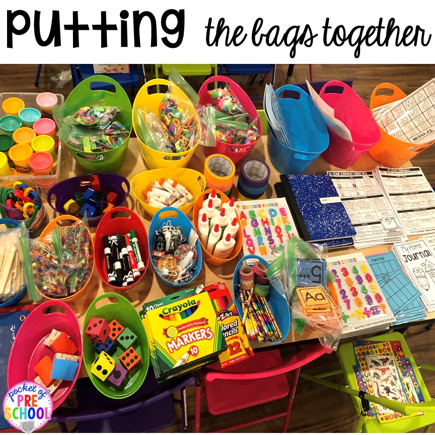 Tips to make How to make Take home learning bags to keep students learning through PLAY at home. Made for preschool, pre-k, and kindergarten. #preschool #prek 