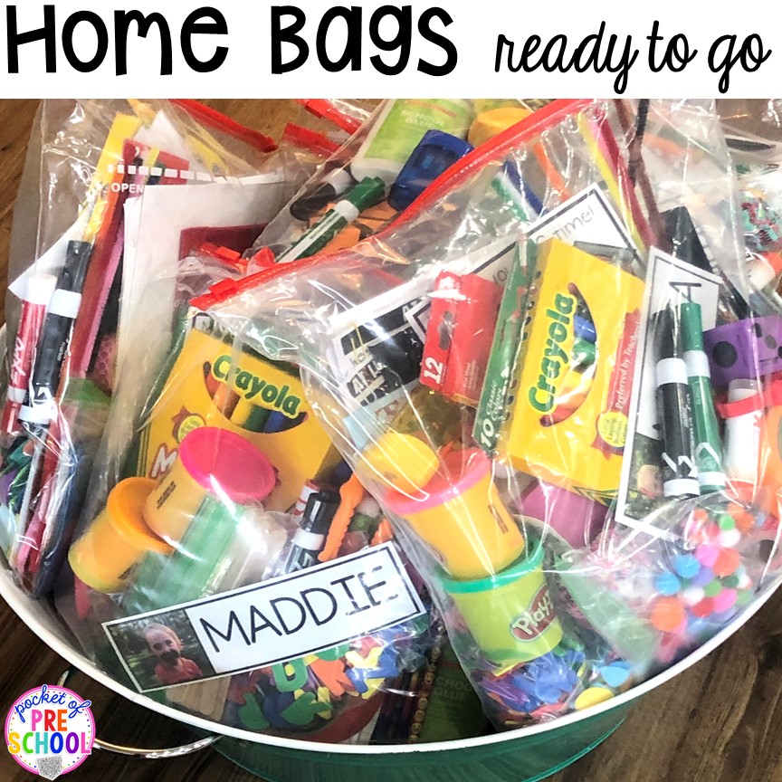 How to make Take home learning bags to keep students learning through PLAY at home. Made for preschool, pre-k, and kindergarten. #preschool #prek 