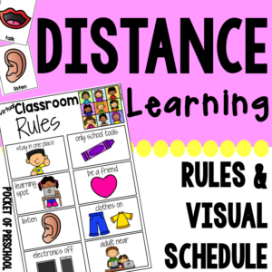 Distance learning visual supports and rules for your virtual classroom! Use these visuals to help with classroom management as you teach and as we are all teaching digitally. Designed for toddler, preschool, pre-k, tk, kindergarten, and first.