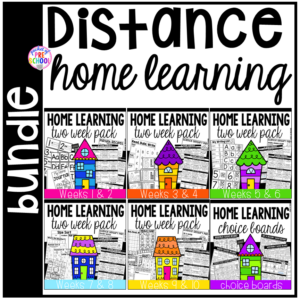 Distance Home Learning packs with mini choice board for each day, sensory recipies, literacy printables, math printables, and More!