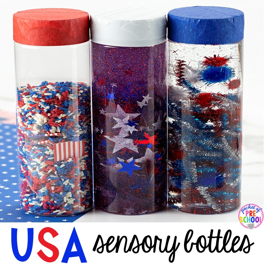 USA patriotic sensory bottles perfect for the 4th of July, President's Day, election time, or an American Symbols unit with yoru preschool, pre-k, or toddler class.