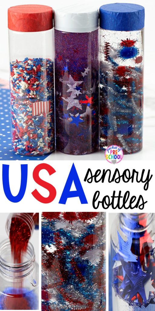 How to make patriotic USA sensorys bottle perfect for the 4th of July, President's Day, election time, or an American Symbols unit with yoru preschool, pre-k, or toddler class.