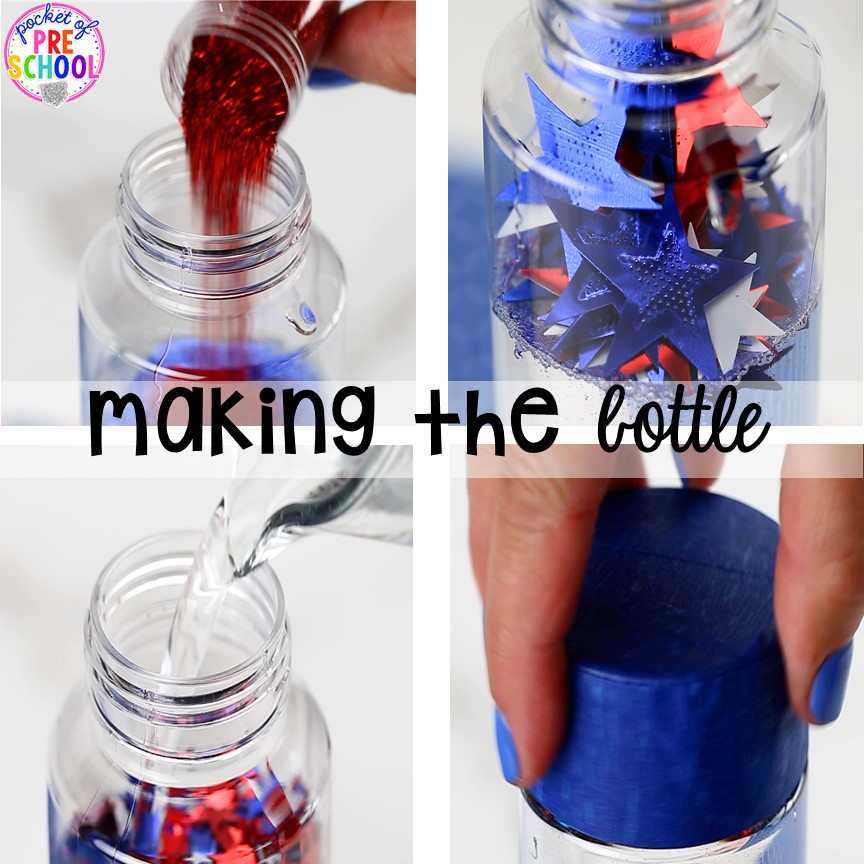 How to make a patriotic sensory bottle perfect for the 4th of July, President's Day, election time, or an American Symbols unit with yoru preschool, pre-k, or toddler class.