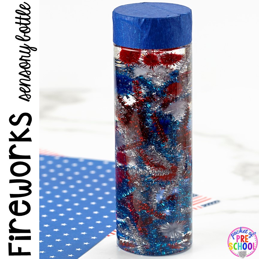 How to make a firework sensory bottle perfect for the 4th of July, President's Day, election time, or an American Symbols unit with yoru preschool, pre-k, or toddler class.