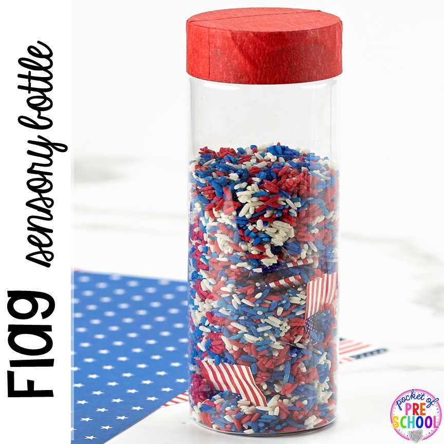 How to make a flag sensory bottle perfect for the 4th of July, President's Day, election time, or an American Symbols unit with yoru preschool, pre-k, or toddler class.