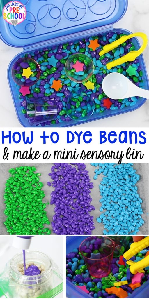 How to dye beans for sesnory plan and make mini sensory bins with pencil boxes. Just right fo rpreschool, pre-k, and kindergarten!