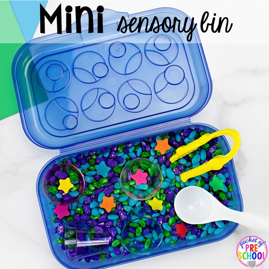How to make mini sensory bins with pencil boxes (perfect for new COVID guidelines). Just right fo rpreschool, pre-k, and kindergarten!