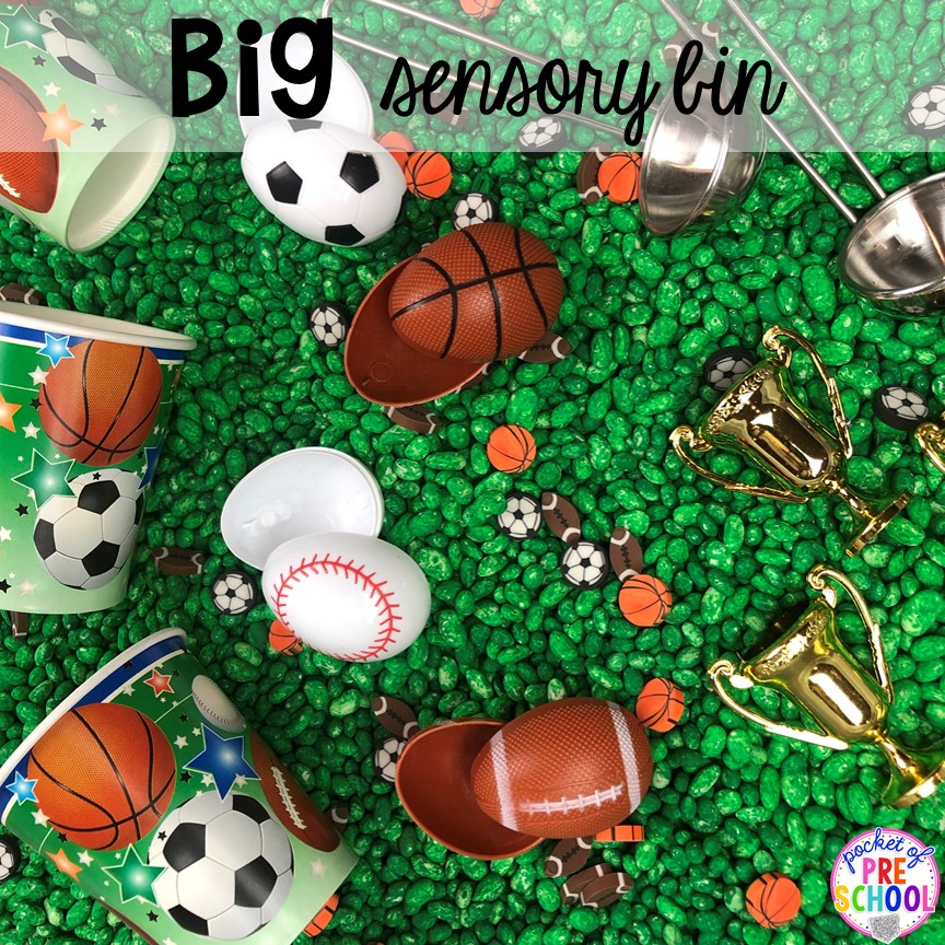 Sport theme sensory bin! How to dye beans for sesnory play and sensory bins. Just right fo preschool, pre-k, and kindergarten!