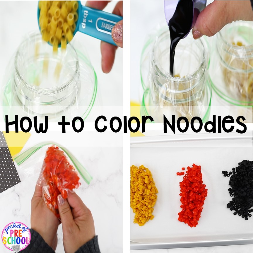 How to dye noodles for sensory play and ideas to make a mini name sensory bin! Perfect for preschool, pre-k, and kindergarten.