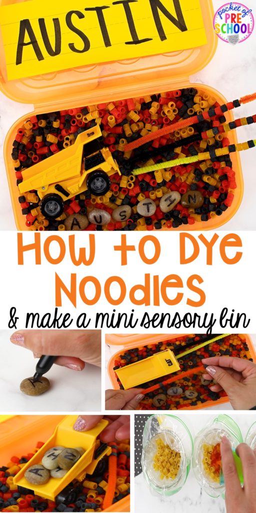 How to dye noodles for sensory play and ideas to make a mini name sensory bin! Perfect for preschool, pre-k, and kindergarten.