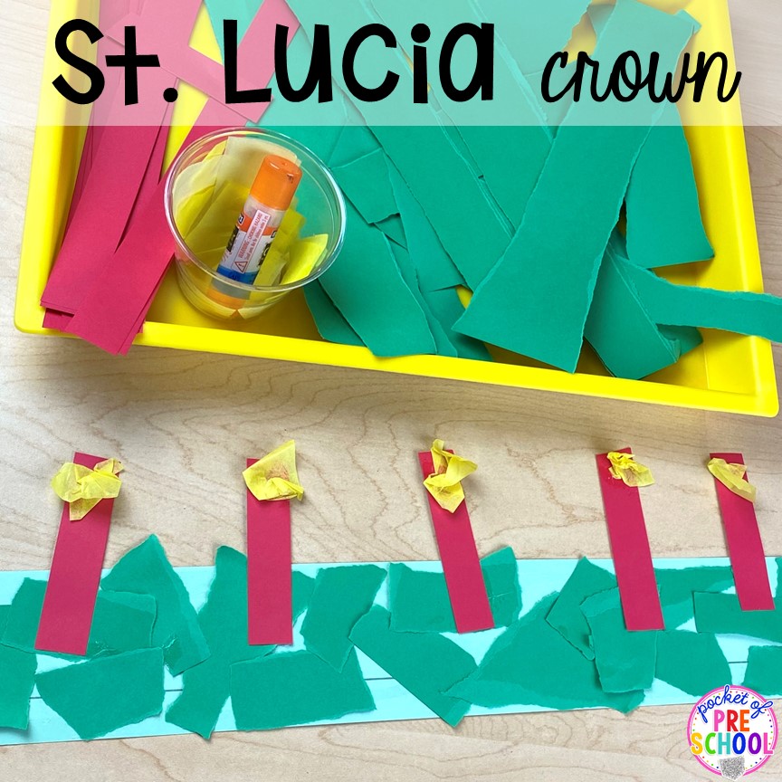 Saint Lucia crown plus more art activities for holidays around the world theme. Perfect for preschool, pre-k, and kindergarten.