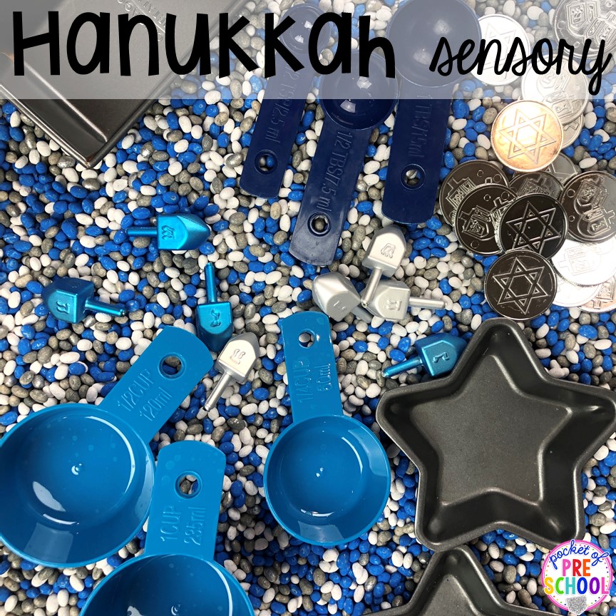 Hanukkah sensory bin plus more for other Holidays Around the World - Diwali, Lunar New Year, Kwanzaa, Saint Lucia, Las Posadas, Ramadan, and Chirstmas for preschool, pre-k, and kindergarten.
