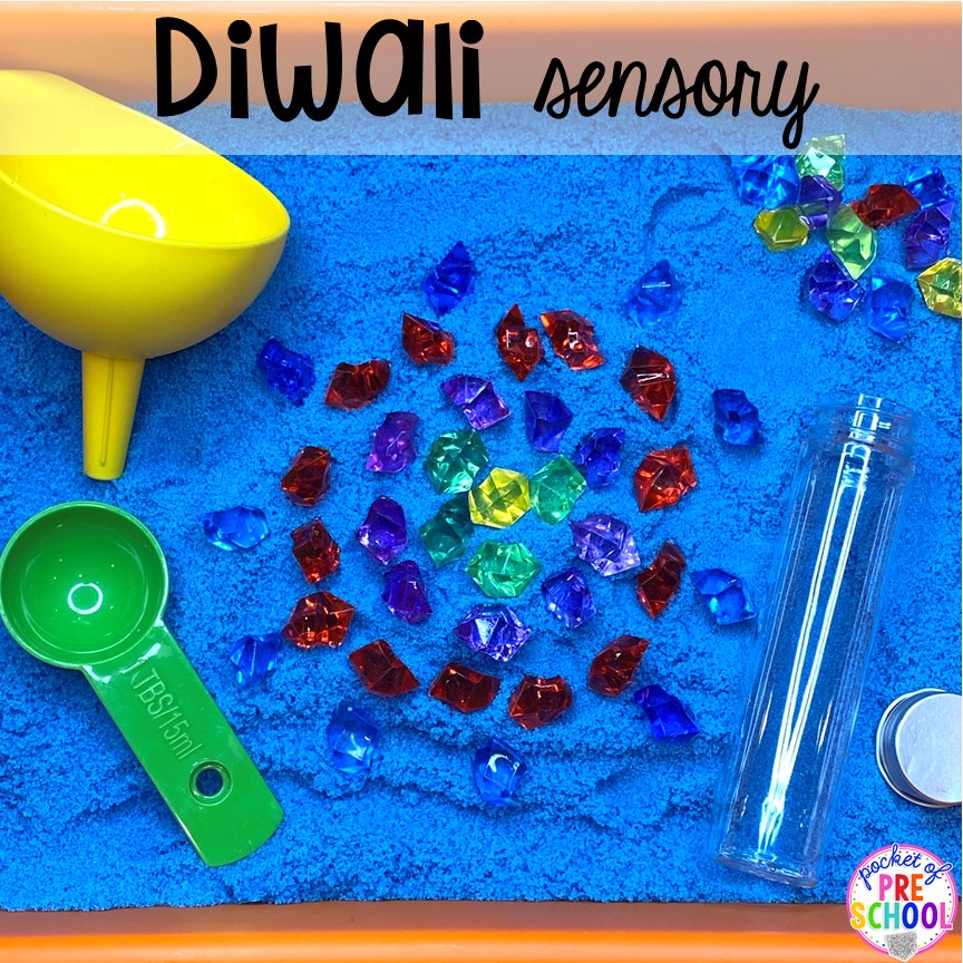 Diwali sensory bin plus more for other Holidays Around the World - Diwali, Lunar New Year, Kwanzaa, Hanukkah, Saint Lucia, Las Posadas, Ramadan, and Chirstmas for preschool, pre-k, and kindergarten.