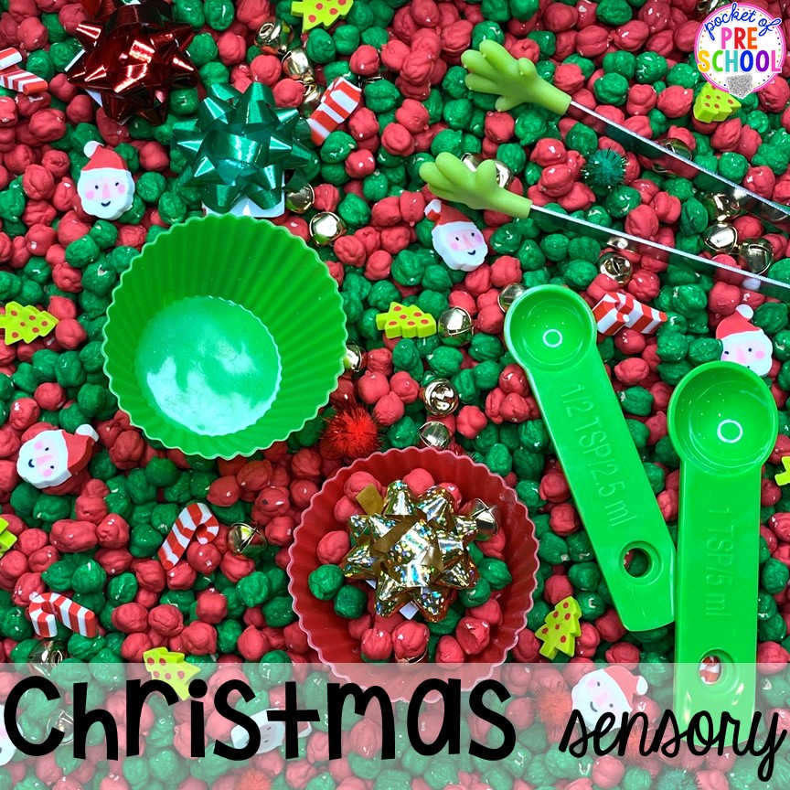 Christmas sensory bin plus more sensory bins for Diwali, Lunar New Year, Kwanzaa, Hanukkah, Saint Lucia, Las Posadas, Ramadan, and Chirstmas for preschool, pre-k, and kindergarten.