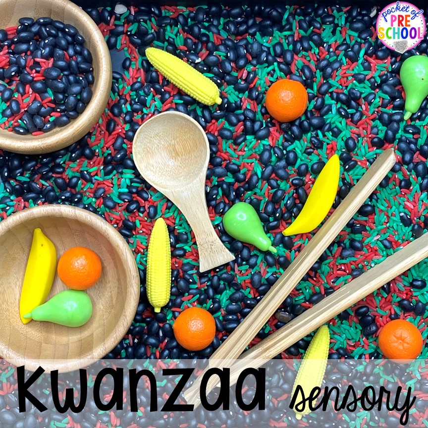 Kwanzaa sensory bin plus more sensory bins for Diwali, Lunar New Year, Kwanzaa, Hanukkah, Saint Lucia, Las Posadas, Ramadan, and Chirstmas for preschool, pre-k, and kindergarten.