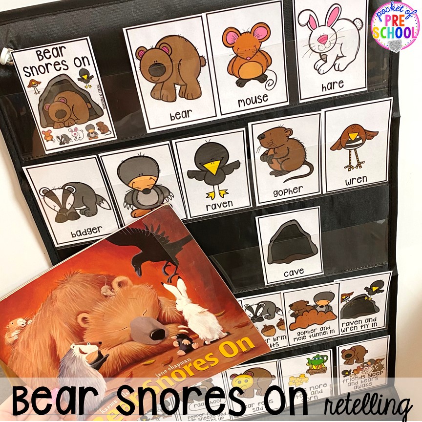 Bear Snores On retelling! Plus hibernation centers and activities for preschool, pre-k, and kindergarten. #hibernantiontheme #wintertheme #preschool #prek #kindergarten