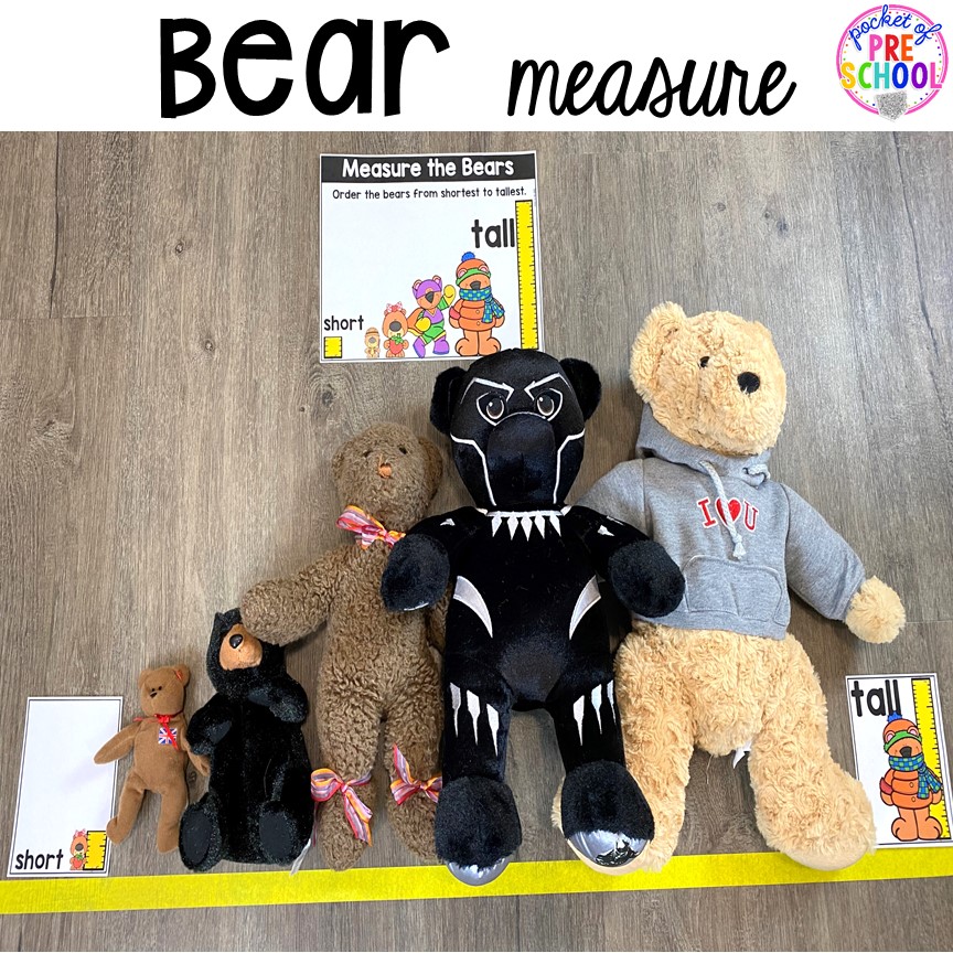 Bear measure! Plus hibernation centers and activities for preschool, pre-k, and kindergarten. #hibernantiontheme #wintertheme #preschool #prek #kindergarten