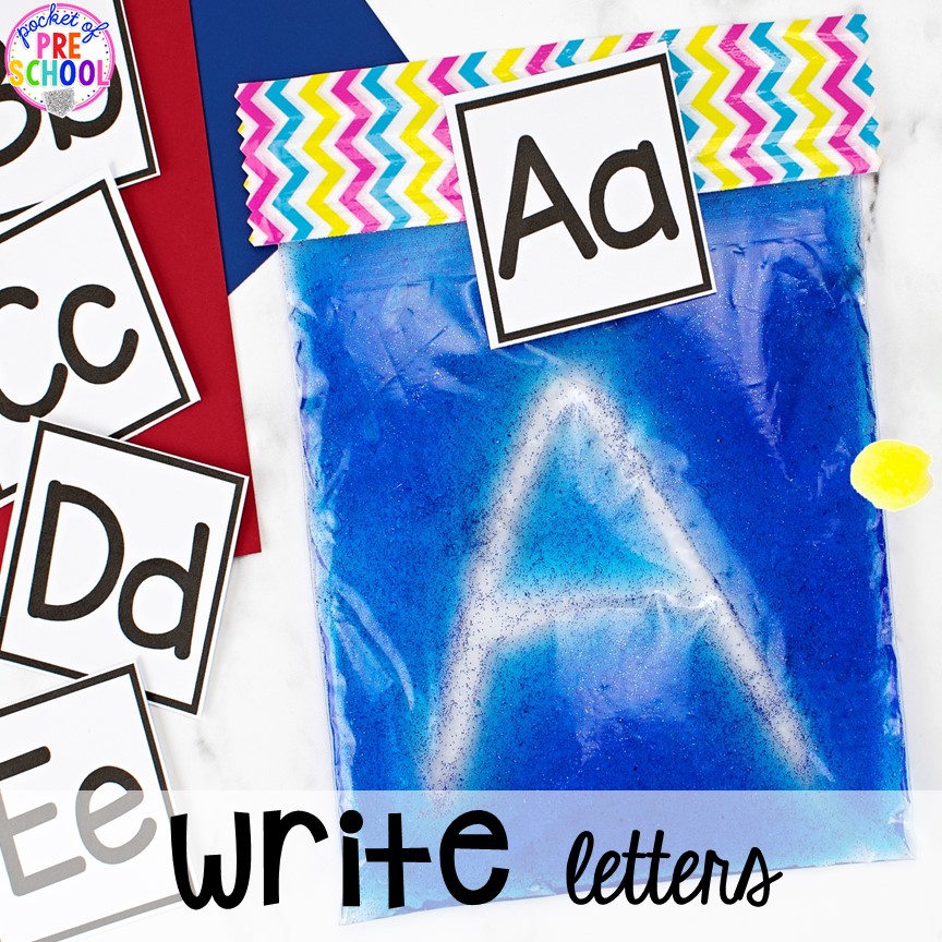 Letter Card Freebie! How to make sensory and sensory bag activities (writing letters, numbers, sight words). #sensory #sensorybags #preschool #writing