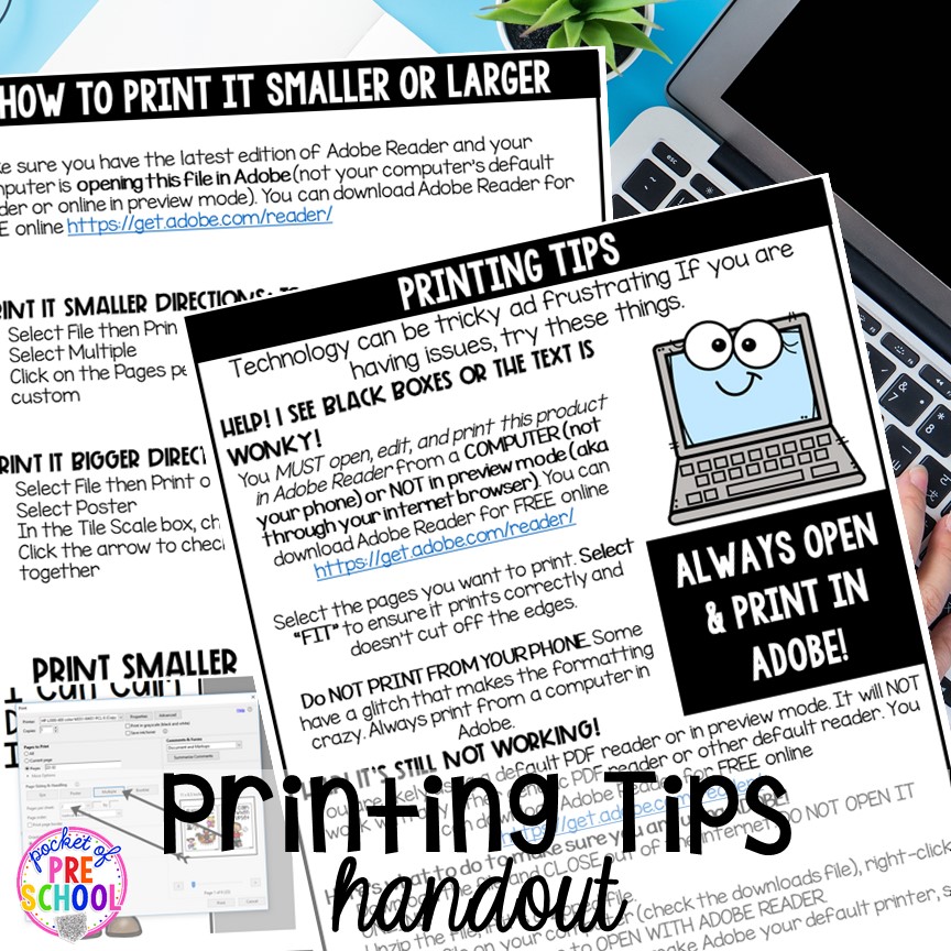FREE printing PDF support handouts. Printing PDFs help and tech support (with photos)for teachers who print PDFs plus some tricks to make it quick! #printingtricks #printingpdf #teachertech #preschool #prek