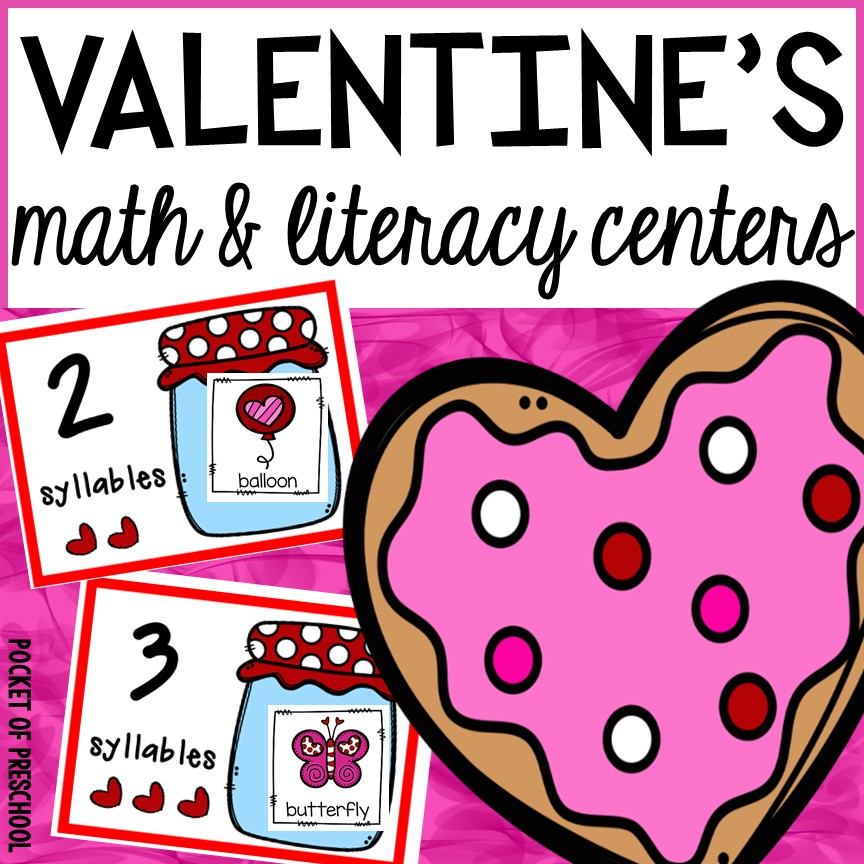 Valentines Day math and literacy centers for preschool, pre-k, and kindergarten.