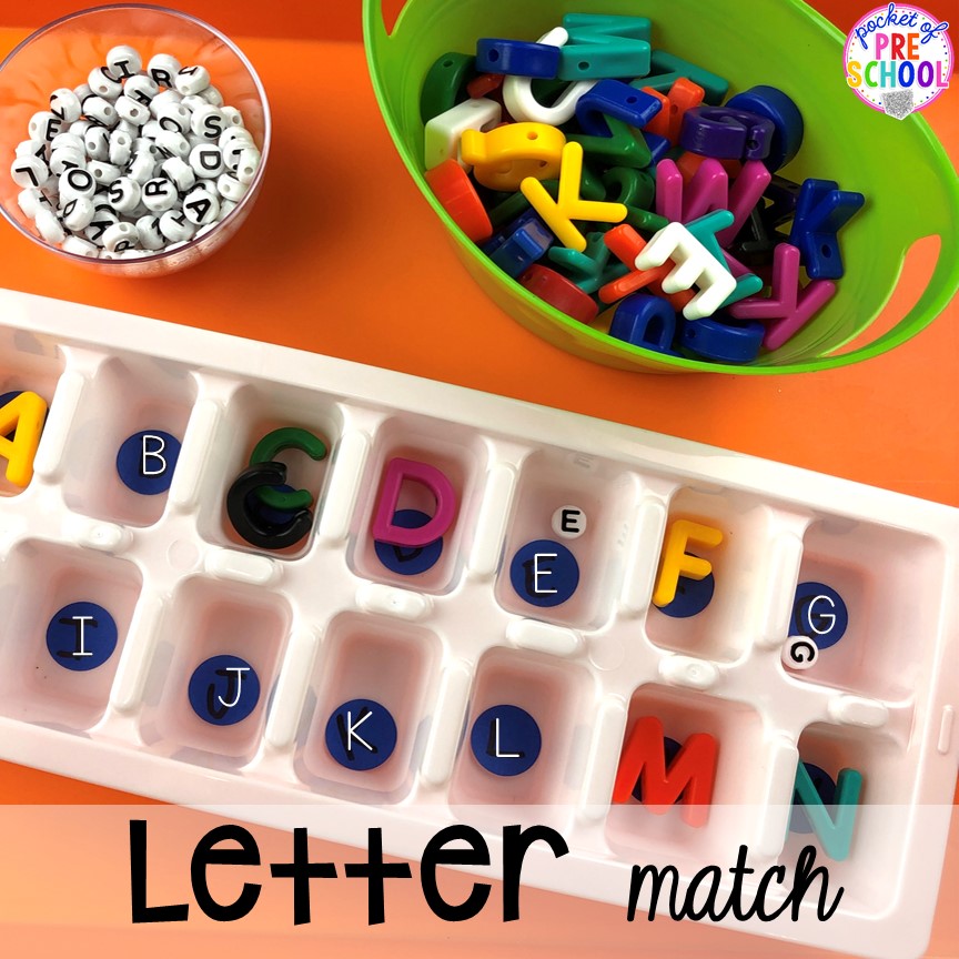 Letter match game! Plus more fun tray activities to develop fine motor, literacy, and math skills your preschoolers, per-k, and toddler kiddos will LOVE! #preschool #preschoolmath #letteractivities #finemotor #sensory