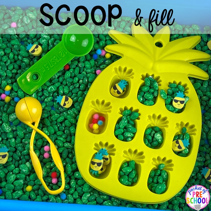 Summer sensory bin! Plus more fun tray activities to develop fine motor, literacy, and math skills your preschoolers, per-k, and toddler kiddos will LOVE! #preschool #preschoolmath #letteractivities #finemotor #sensory