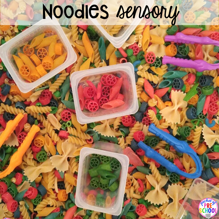 Noodles sensory bin plus a giant sensory bin idea list! #sensorybin #sensorytable #sensory #sesoryplay #preschool #prek #kindergarten