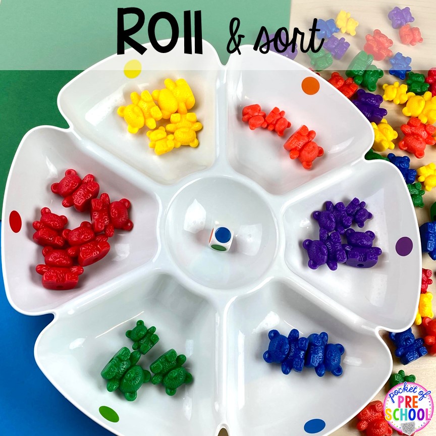 Roll and sort math counters! Plus more fun tray activities to develop fine motor, literacy, and math skills your preschoolers, per-k, and toddler kiddos will LOVE! #preschool #preschoolmath #letteractivities #finemotor #sensory