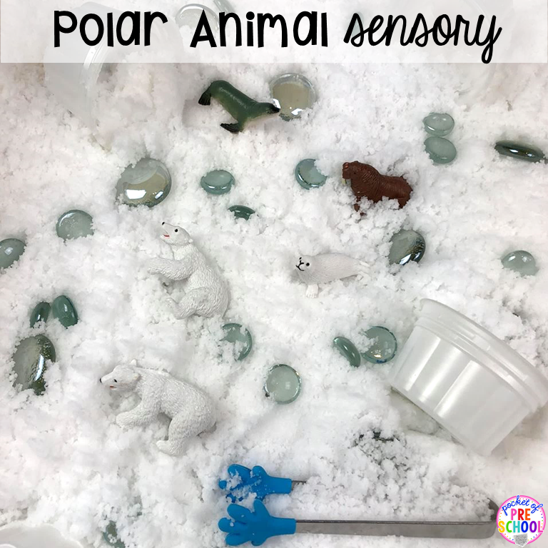 Polar Animals sensory bin plus 40 sensory bin ideas for the whole year! #sensorybin #sensorytable #sensory #sesoryplay #preschool #prek #kindergarten