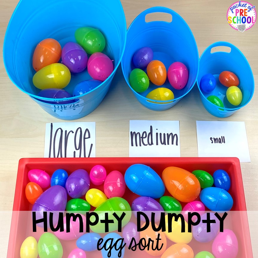 Humpty Dumpty egg size sort! Favorite Nursery Rhyme activities and centers for preschool, pre-k, and kindergarten. #nurseryrhymes #preschool #prek #kindergarten