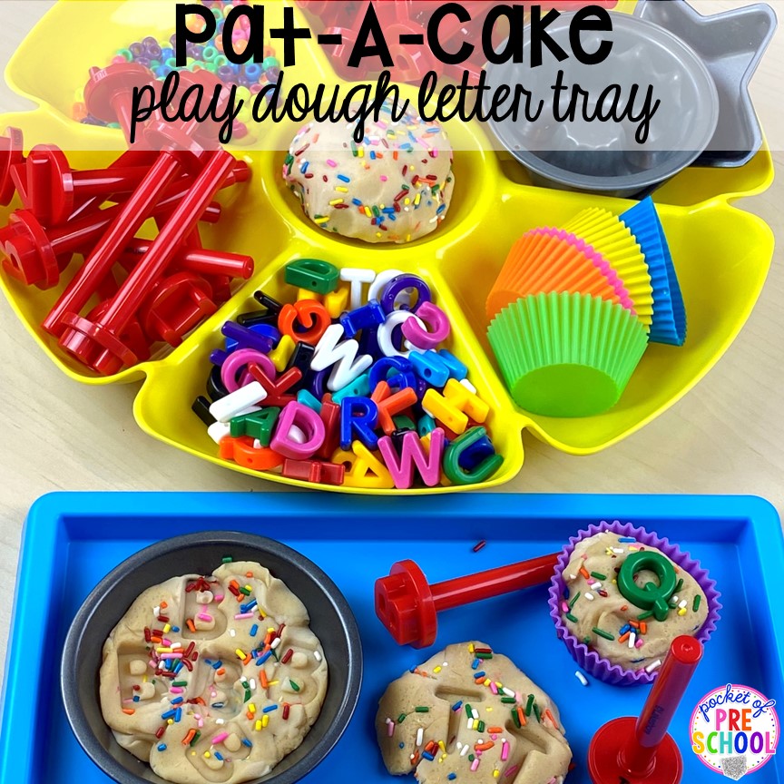 Pat-A-Cake play dough tray! Favorite Nursery Rhyme activities and centers for preschool, pre-k, and kindergarten. #nurseryrhymes #preschool #prek #kindergarten