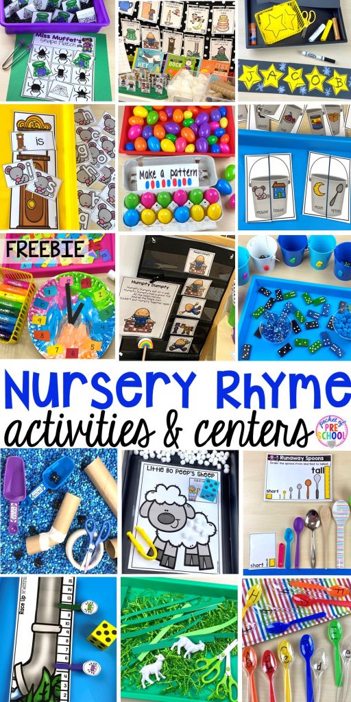 Favorite Nursery Rhyme activities and centers for preschool, pre-k, and kindergarten. Tons of math games, letter games, sensory bin, fine motor games, art activities and more! #nurseryrhymes #preschool #prek #kindergarten