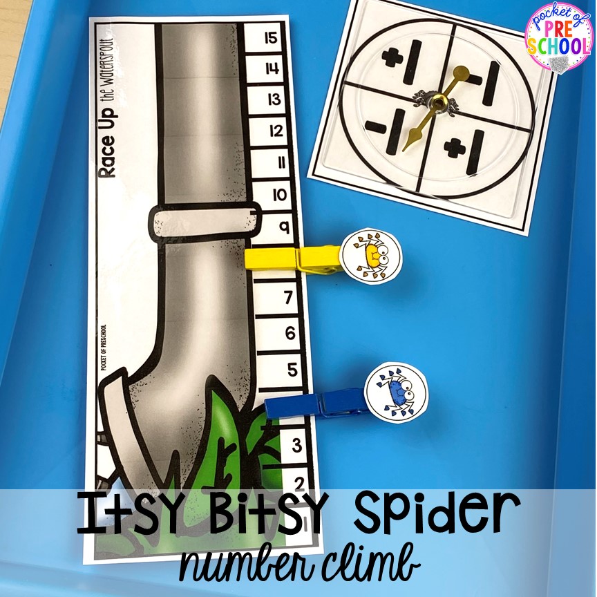 Itsy Bitsy Spider math game! Favorite Nursery Rhyme activities and centers for preschool, pre-k, and kindergarten. #nurseryrhymes #preschool #prek #kindergarten