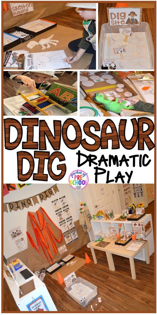 How to make a Dinosaur Dig Site in dramatic play and embed tons of math, literacy, and STEM into their play. Perfect for preschool, pre-k, and kindergarten. #preschool #prek #dinosaurtheme #dinodig #dramaticplay